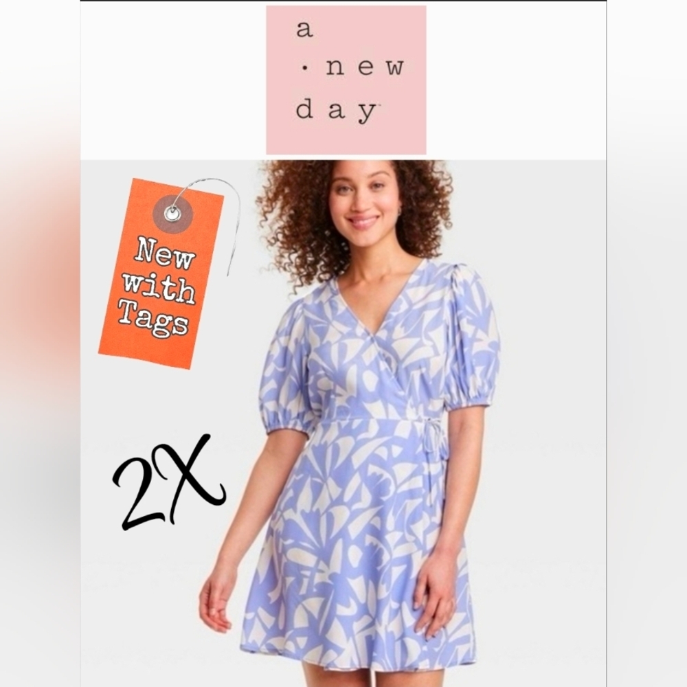 NWT/ Women's Balloon Short Sleeve Mini Wrap Dress A New Day Blue Print  2X Plus